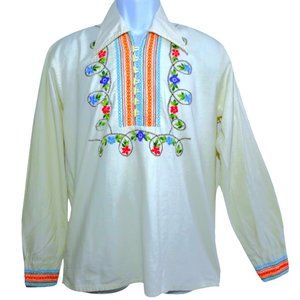 Vintage Mr Huevos Mens 60s Folkwear Embroidered Off White Shirt Dagger Collar M